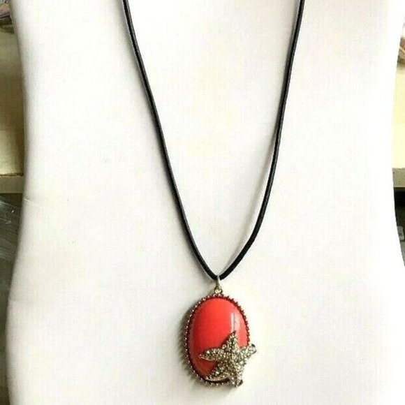 Coral Starfish Necklace Gold Plated Pendant Cabachon Peach 24" Leather Chain - Picture 5 of 11